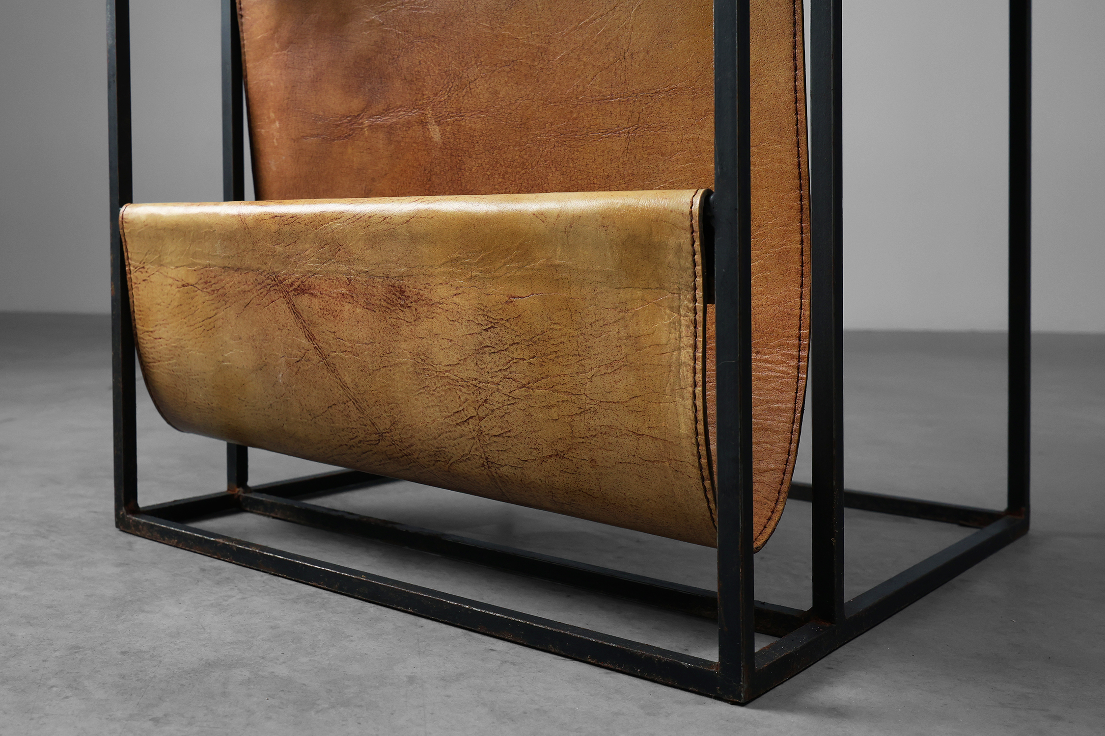 Mid-Century Magazine Holder in Metal, Wood and Leather, Belgium 1960sthumbnail